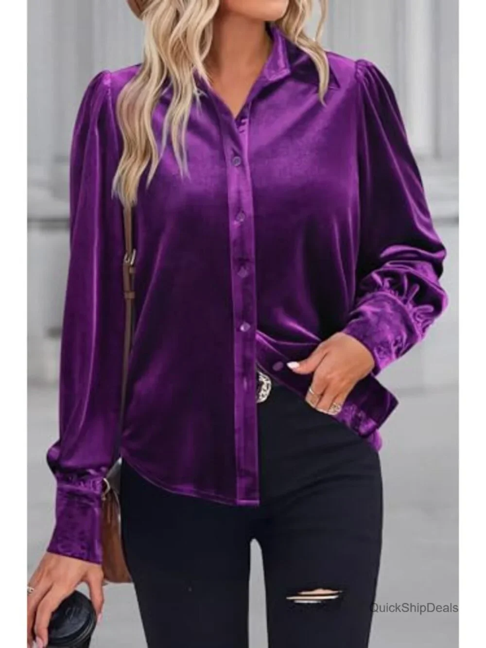 Luxe Velvet Long Sleeve Button Down Blouse with Puff Sleeves